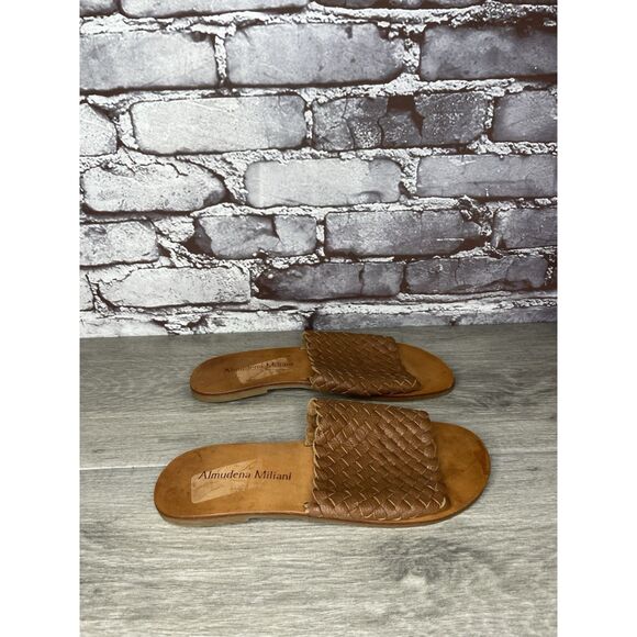 almudena miliani Brown Leather Woven Slide Sandals Women Sz 9M US/40EU - Picture 13 of 16